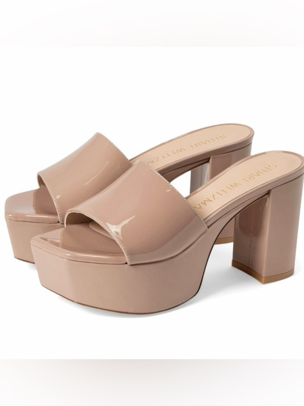 Stuart Weitzman Squarehigh Plat 95 Slide Sandals Fawn Patent Size 9B - Picture 2 of 7
